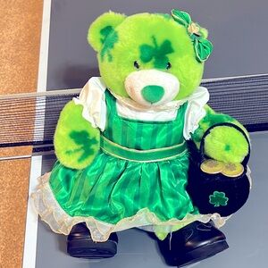 EUC Build-A-Bear Shamrock ☘️ St. Patrick’s Day Dress, velvet gold bag, shoes